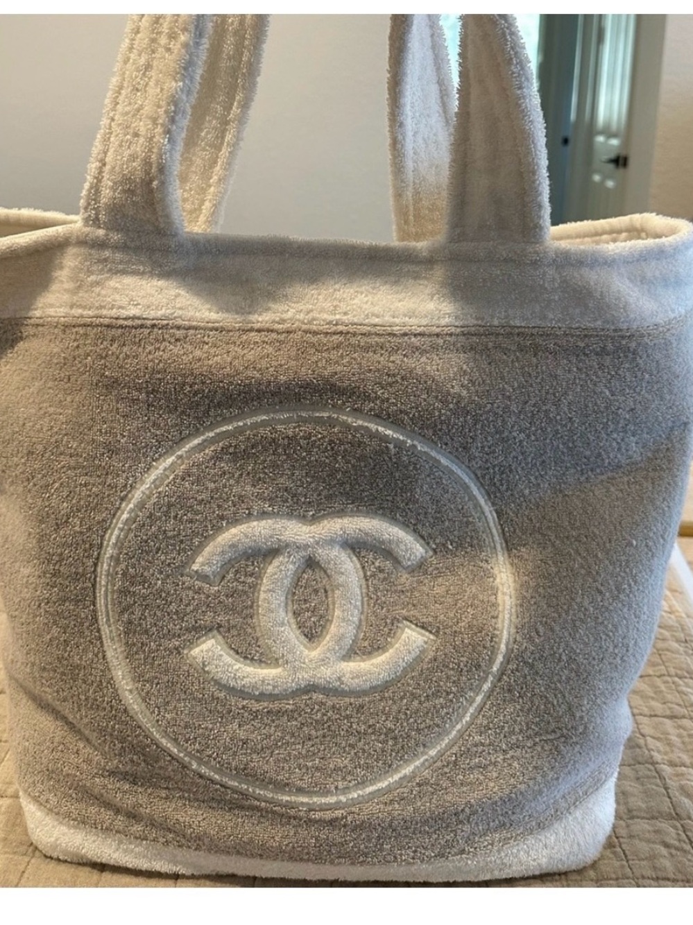 CHANEL Cream Terry Cloth Tote with Embossed CC Logo